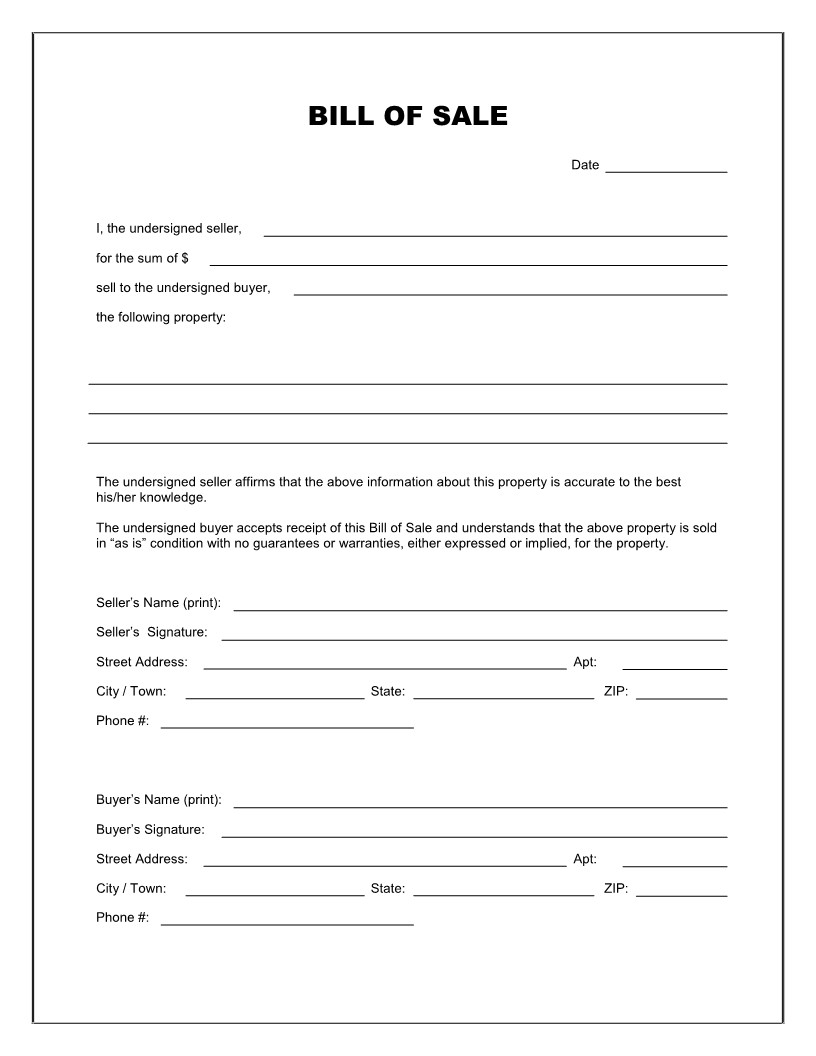 Free Printable Blank Bill of Sale Form Template as is