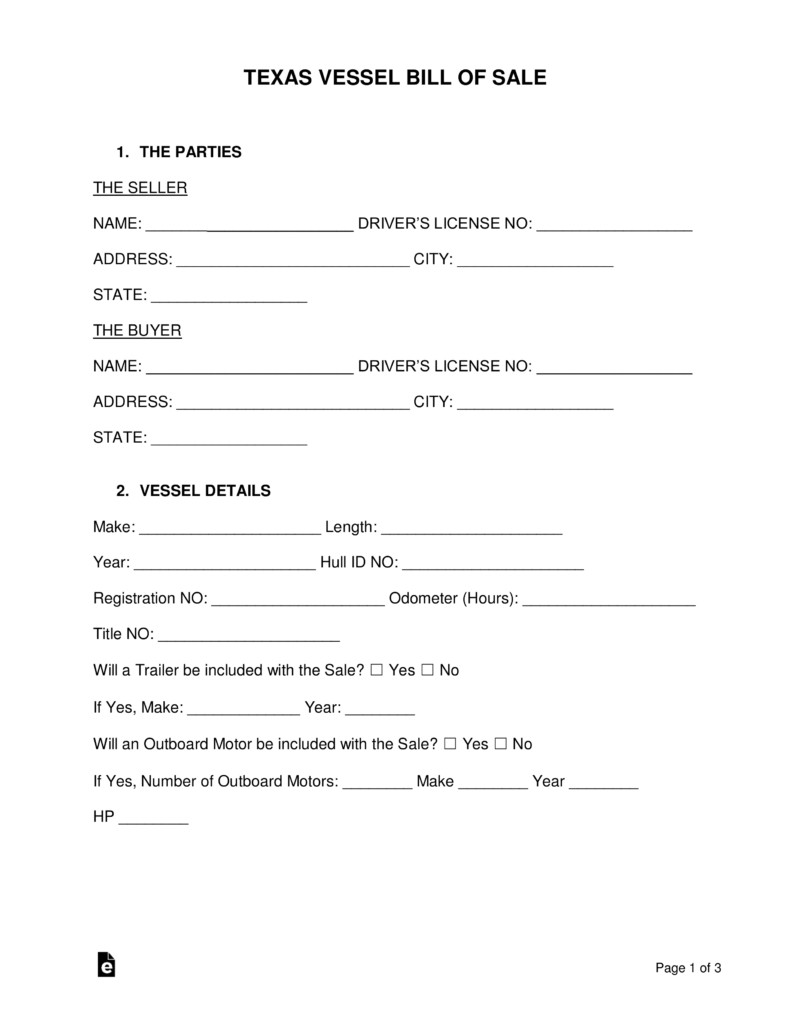 Free Texas Boat Bill of Sale Form Word PDF