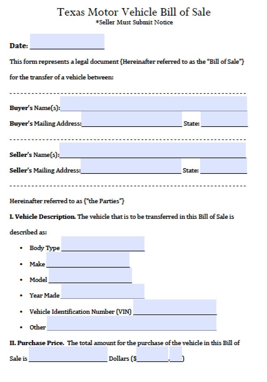 Free Texas Motor Vehicle Bill of Sale Form PDF