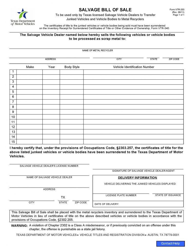 Free Texas Salvage Vehicle Bill of Sale Form PDF