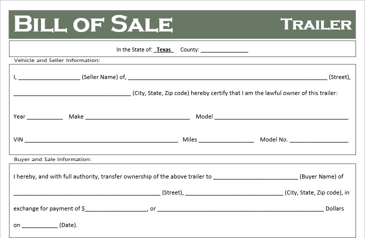 Free Texas Trailer Bill of Sale Template f Road Freedom