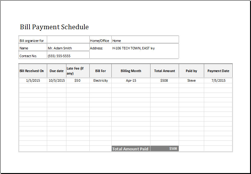 Bill Payment Schedule MS Excel Editable Template