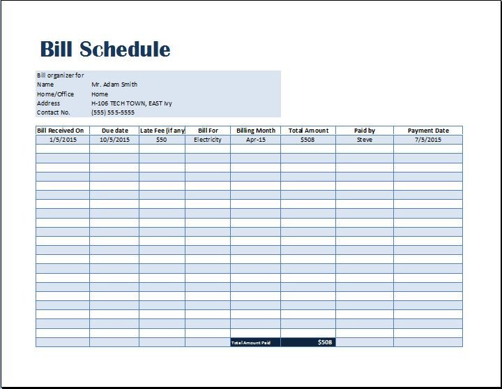Bill Payment Schedule Template
