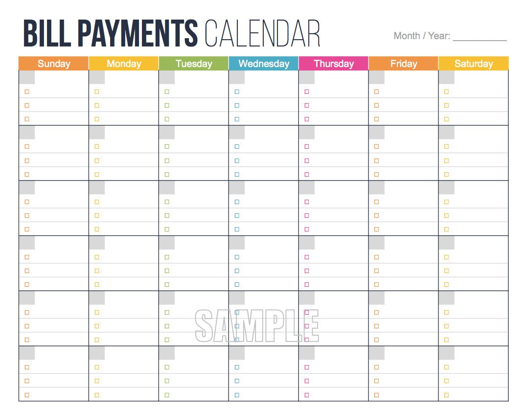 Bill Payments Calendar EDITABLE Personal Finance
