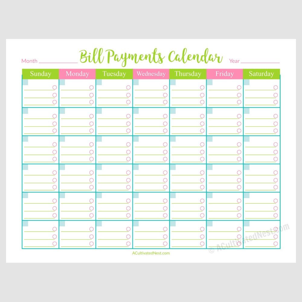 Printable Bill Payments Calendar A Cultivated Nest