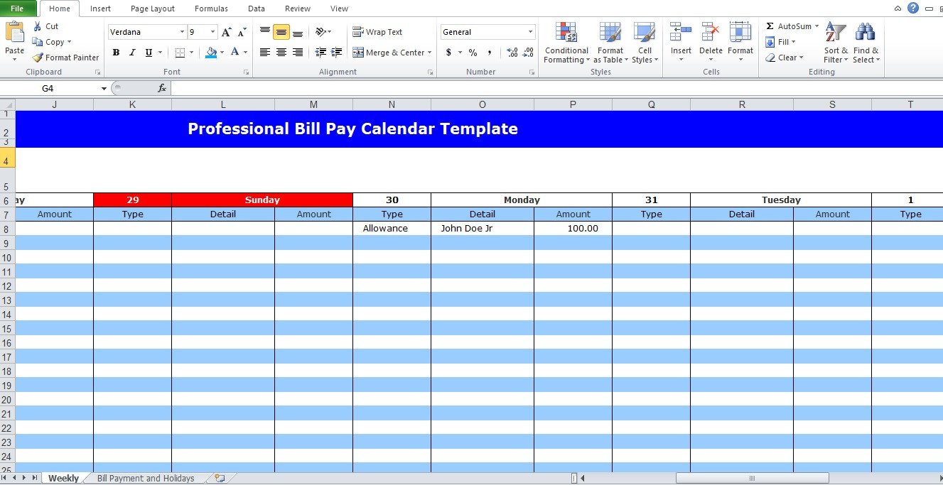 Professional Bill Pay Calendar Template Excel Tmp