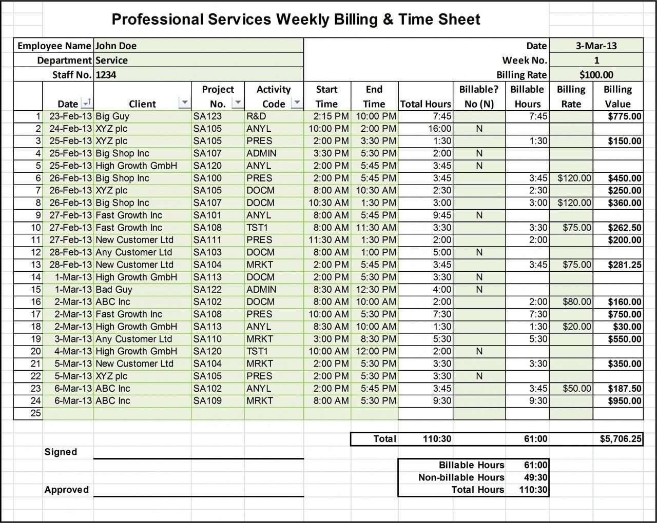 Excel Billing Timesheet Templates for Professional