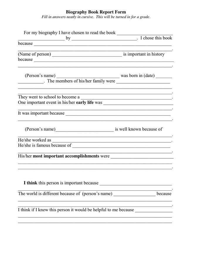Biography Book Report Form in Word and Pdf formats