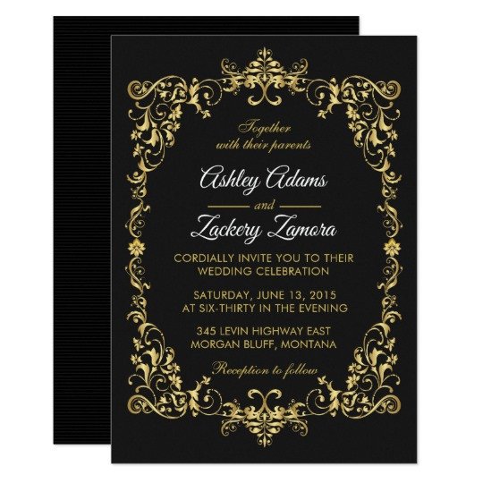 Black Ornate Gold Scroll Border Wedding Invitation