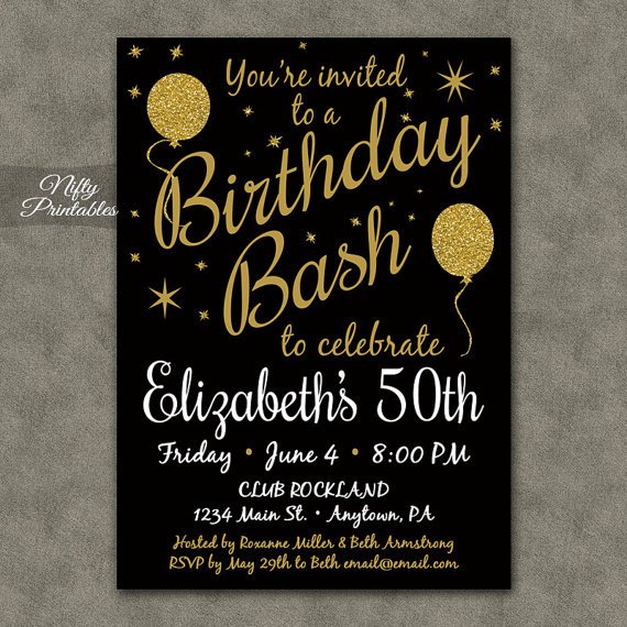 Printable Birthday Invitations Black Gold Glitter 20 21 30th