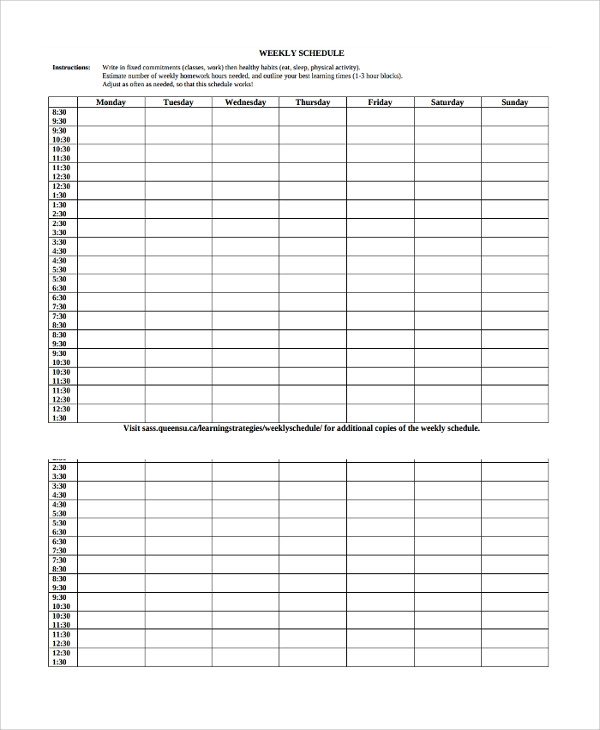 Sample Weekly Work Schedule Template 7 Free Documents