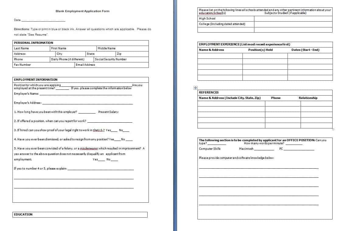 Blank Employment Application Form Free Formats Excel Word