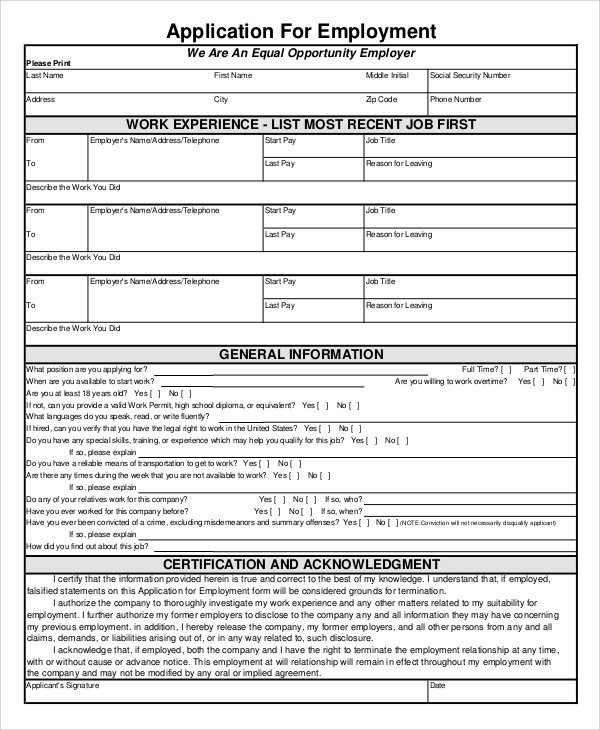 Sample Employment Application Form 8 Examples in Word PDF