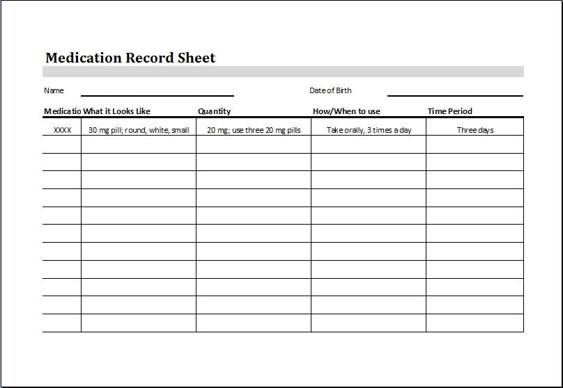 medication record sheet – Word & Excel Templates