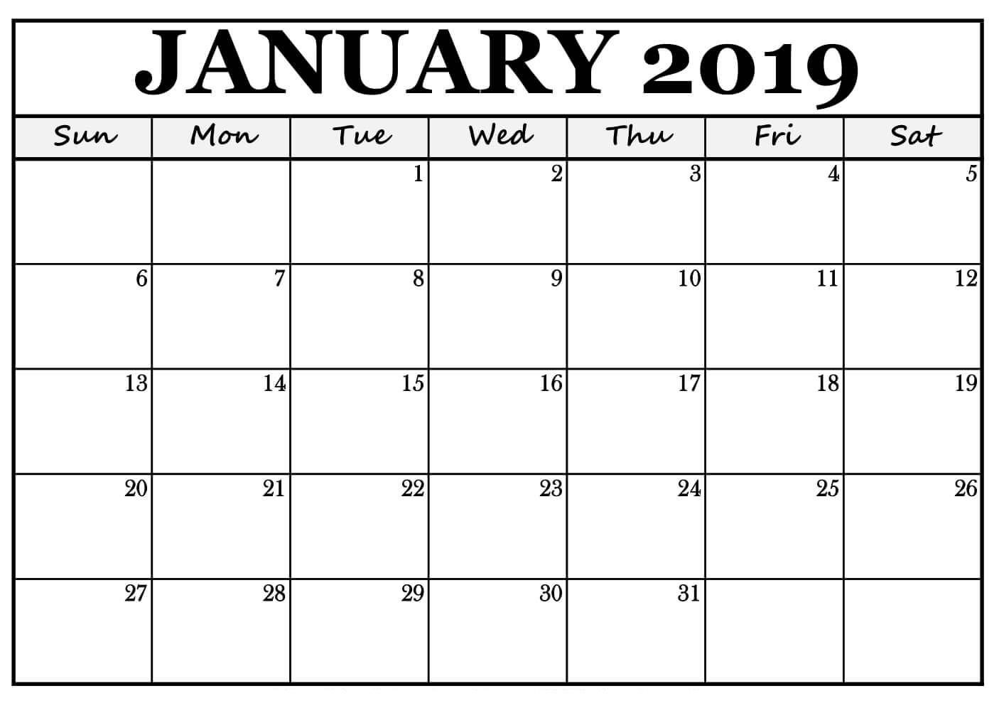 January 2019 Calendar For Landscape Free Print