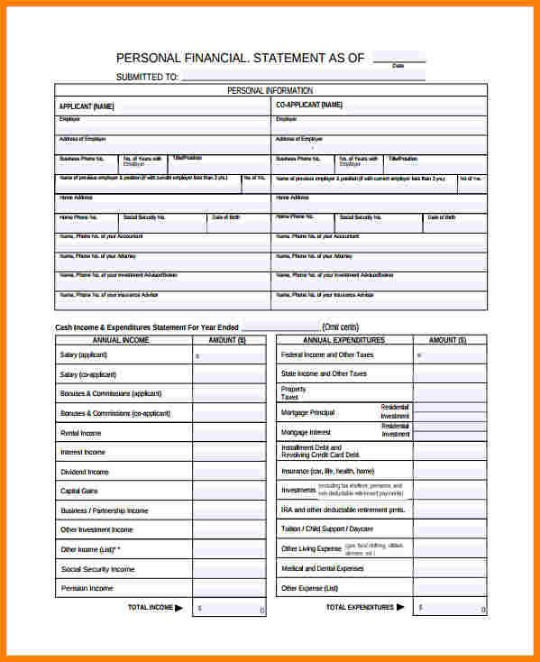 5 blank personal financial statement