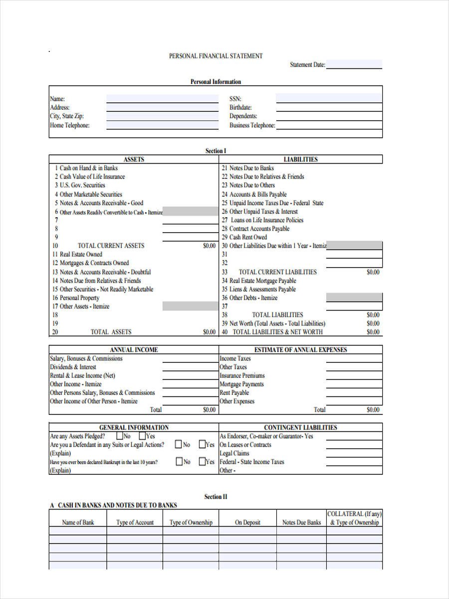 6 Personal Financial Statement Form Sample Free Sample