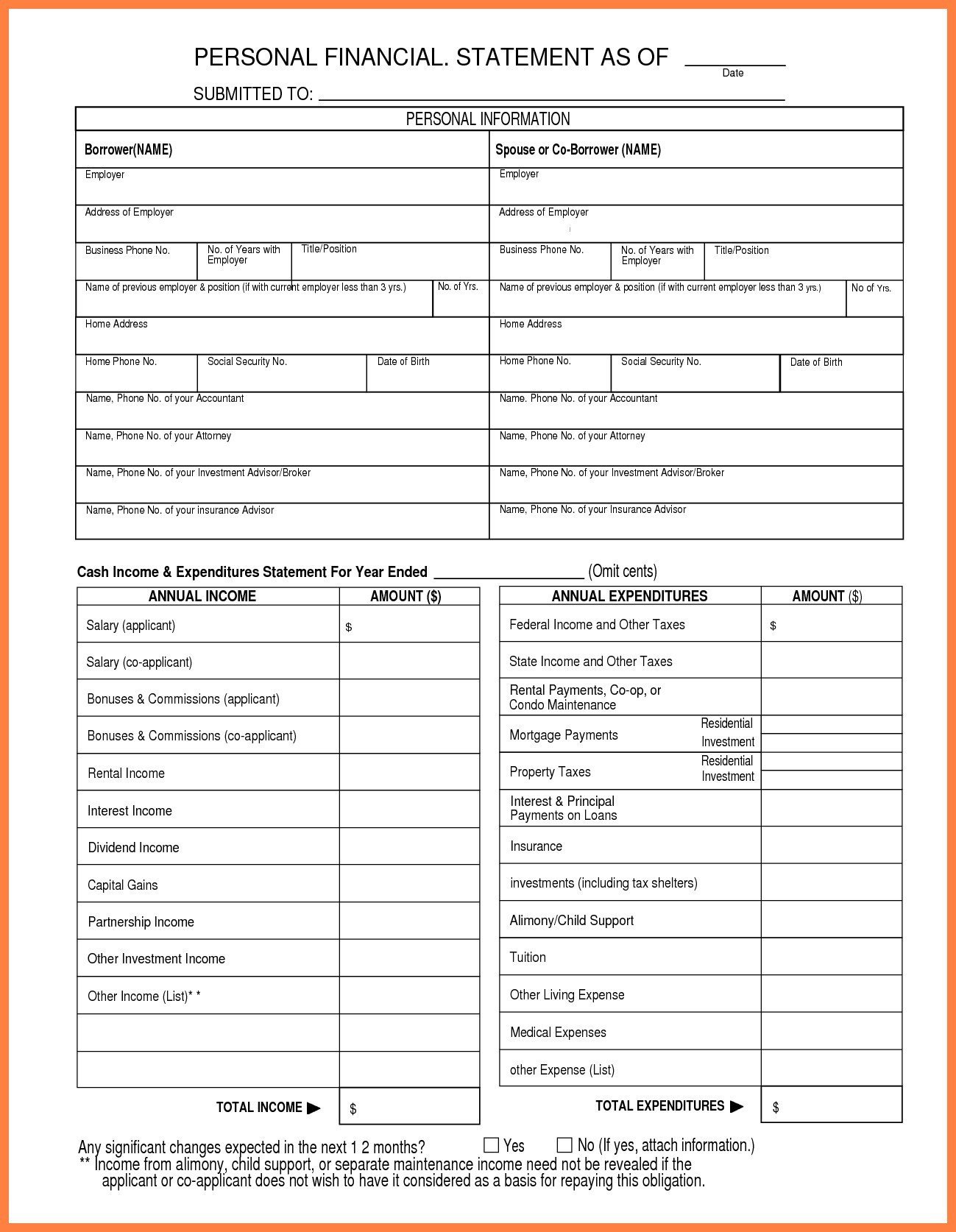 Free Personal Financial Statement Template Download Form