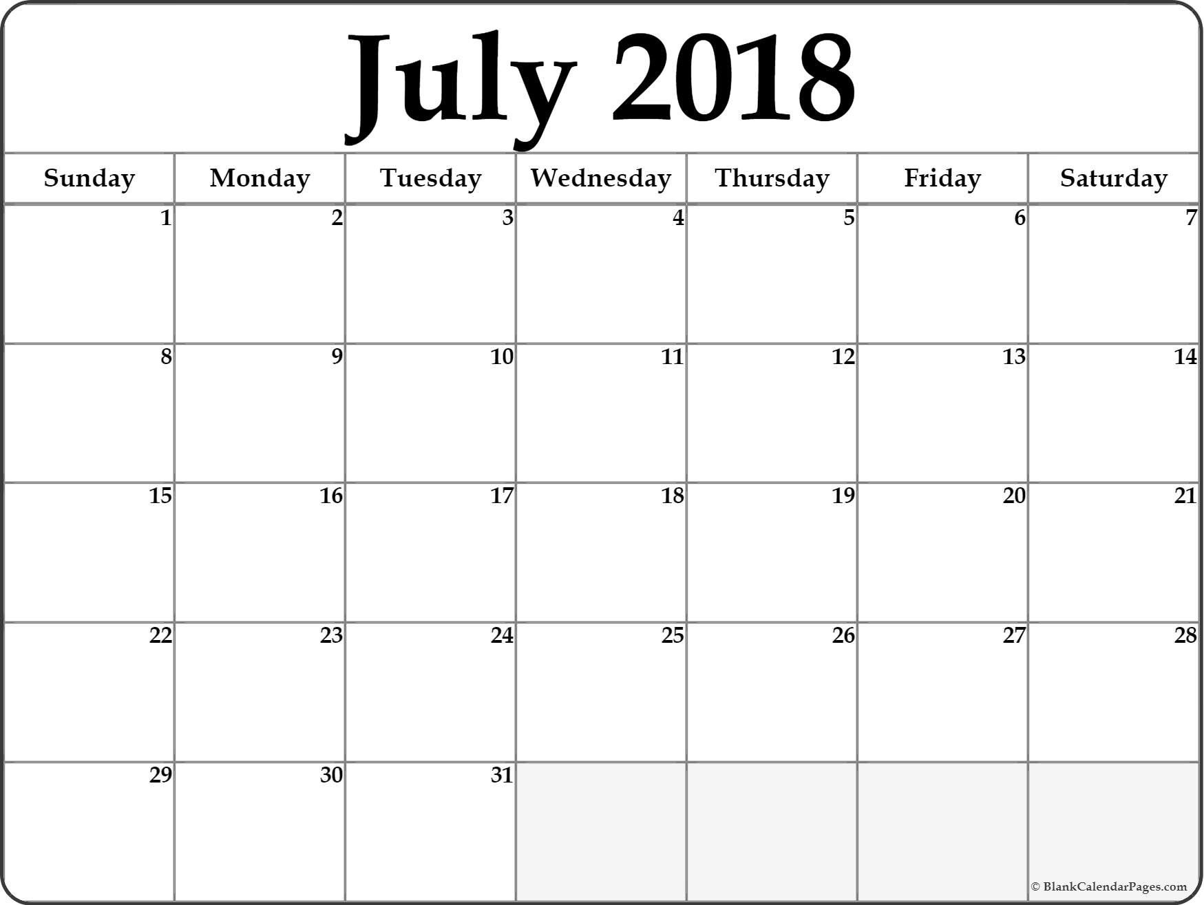 July 2018 blank calendar templates