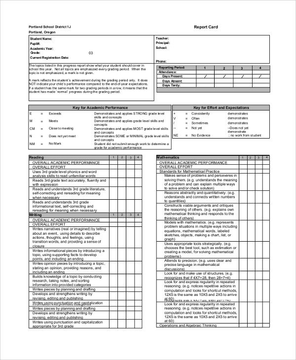 Sample Report Card 7 Documents in PDF Word