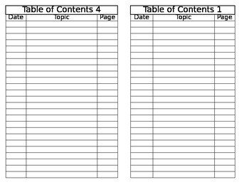 Interactive Journal Table of Contents by Mrs Reeses Pieces