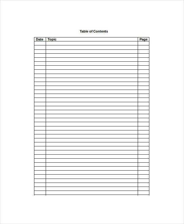 Table Content 10 Free Word Documents Download