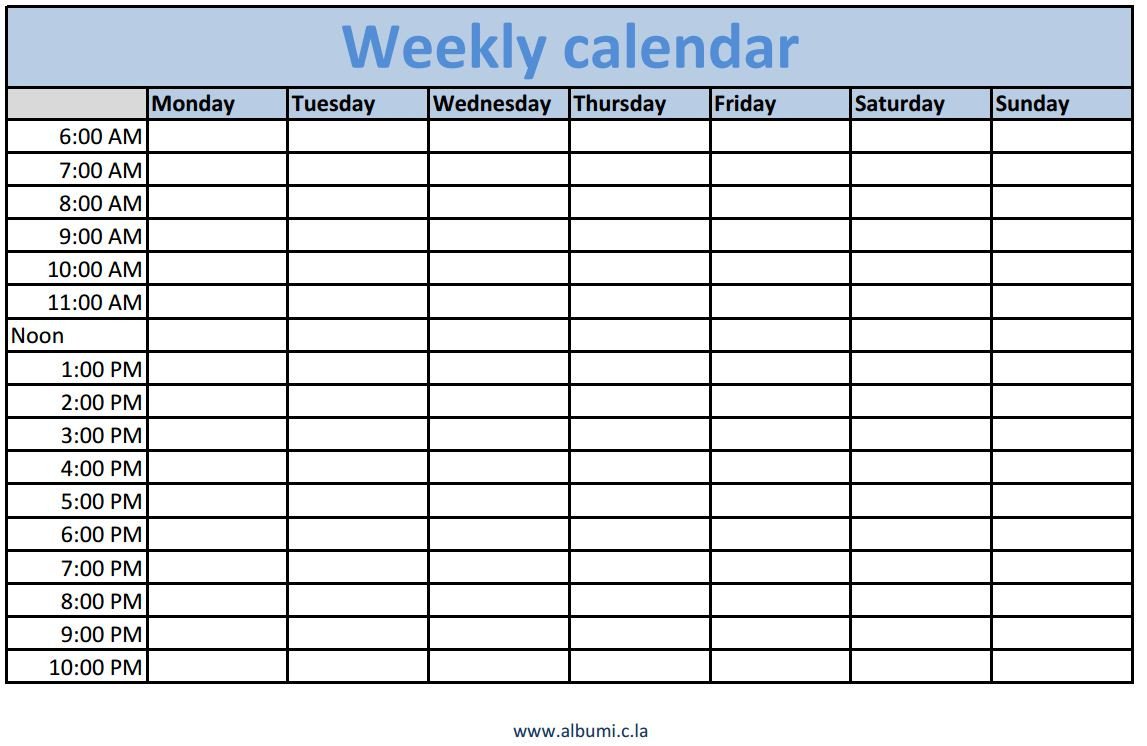 Weekly calendars with times printable