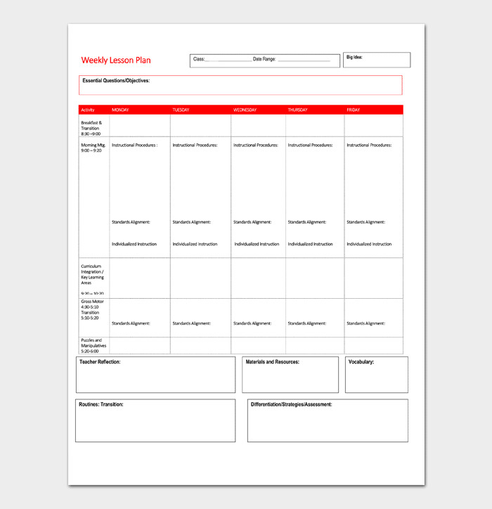 Lesson Plan Template 5 Daily Weekly Monthly For Word