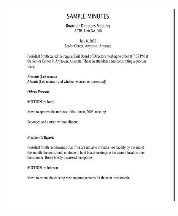 Board Meeting Minutes Template Nonprofit Templates