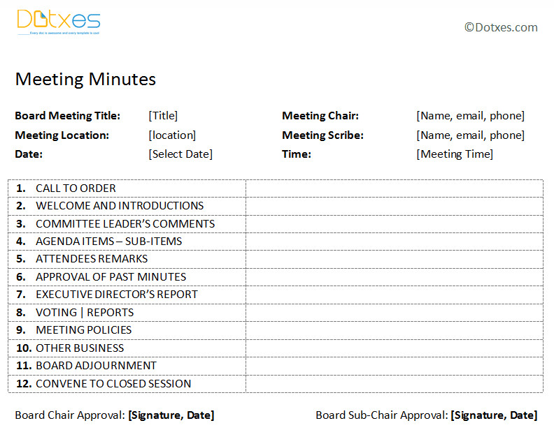Board Meeting Minutes Template Plain Format Dotxes