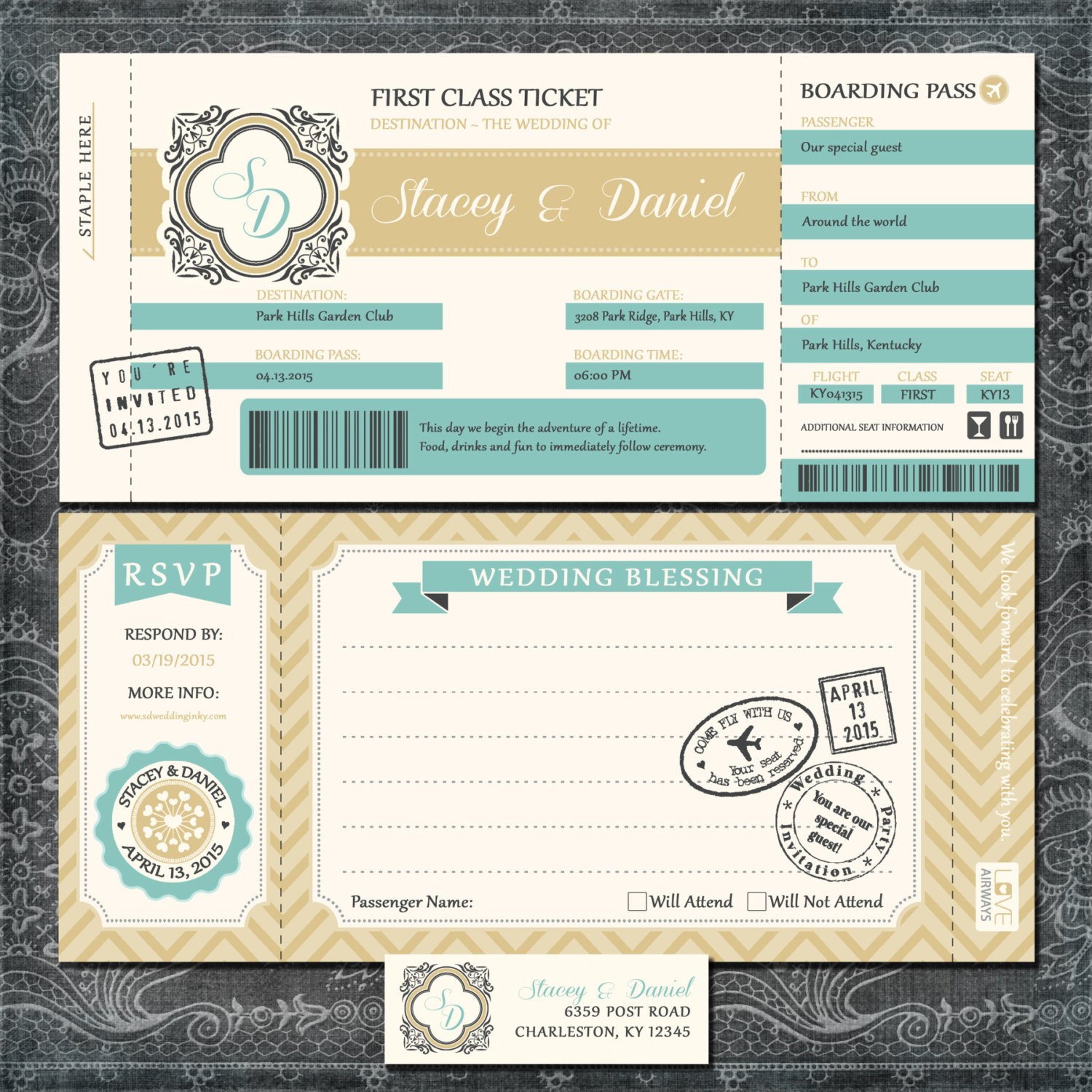 Boarding Pass Wedding Invitations Gold and Blue Travel