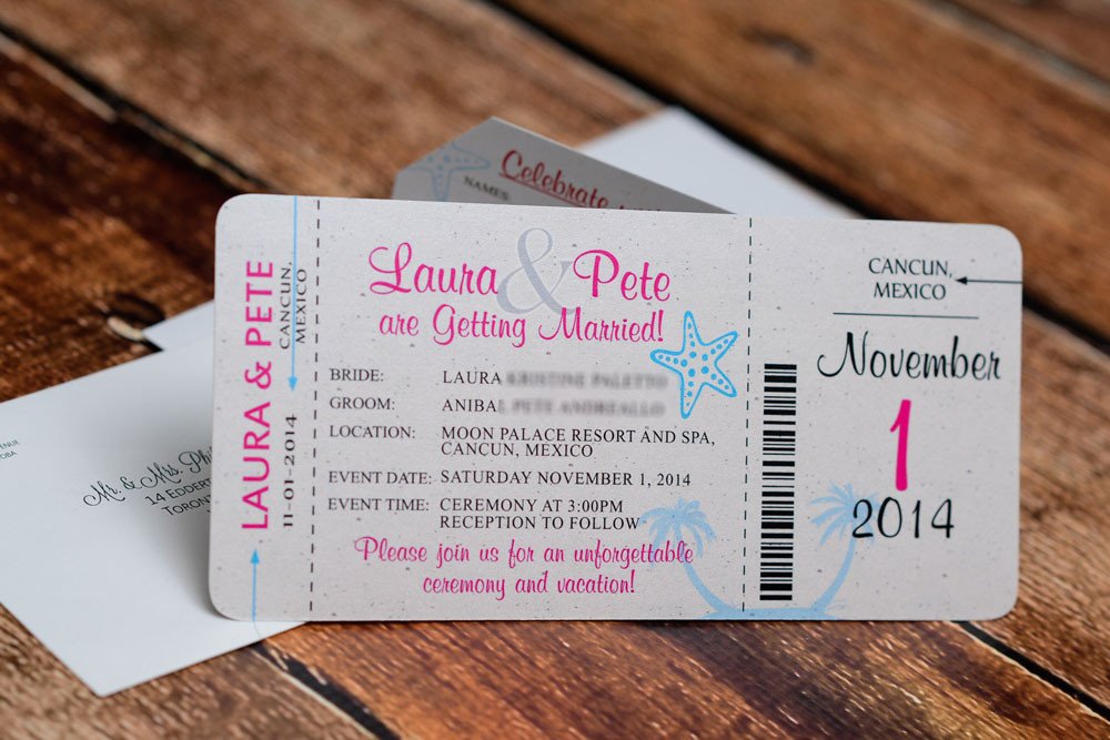 Neon boarding pass wedding invitations to moon palace