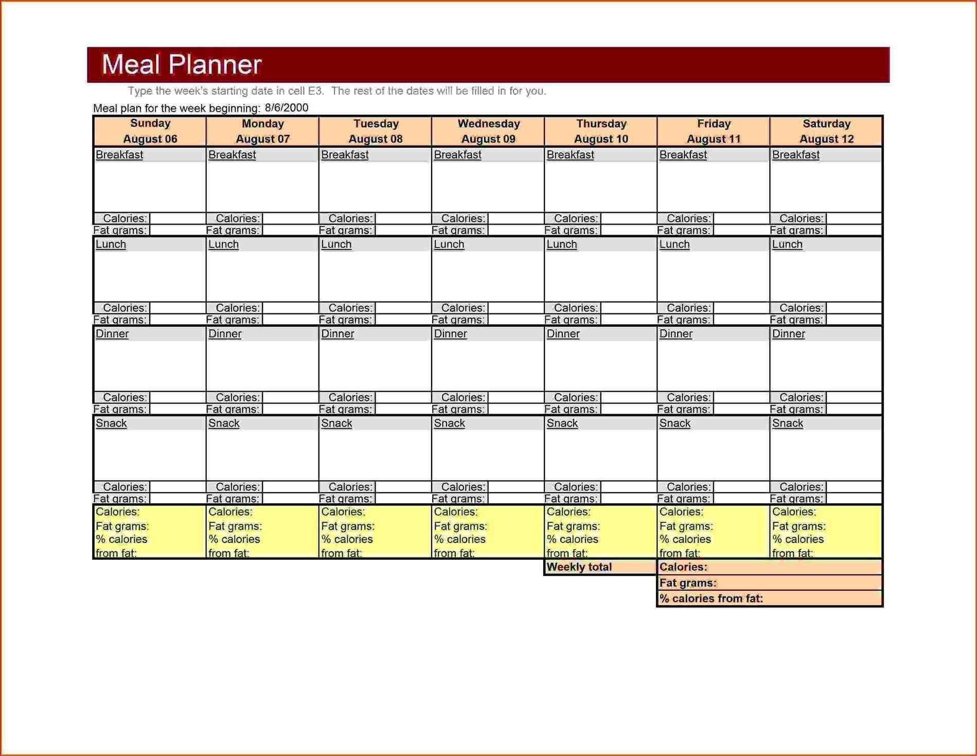 large weekly Menu Template Excel meal planner