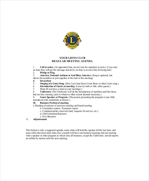 Club Meeting Agenda Template 7 Free Word PDF Documents