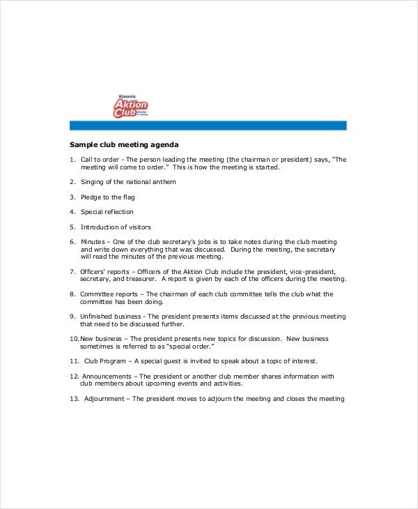 Club Meeting Agenda Template 7 Free Word PDF Documents