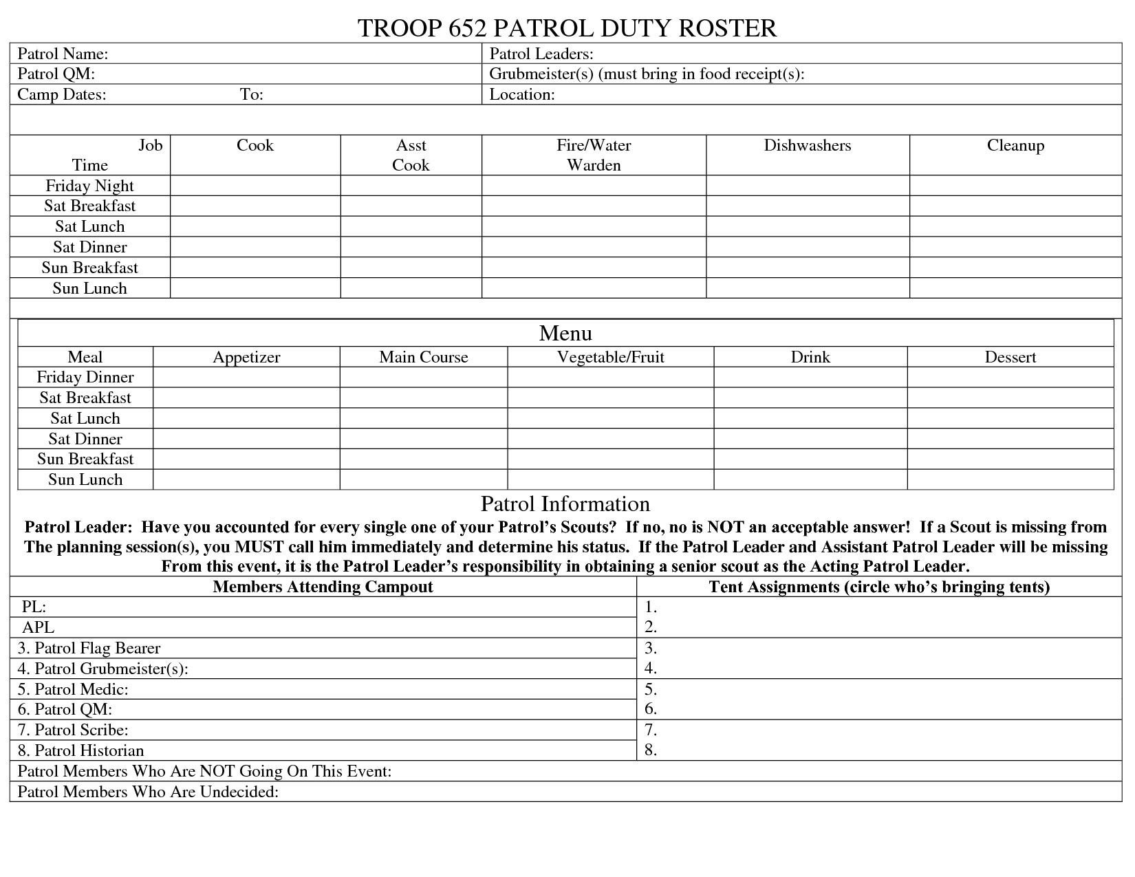 boy scout duty roster template