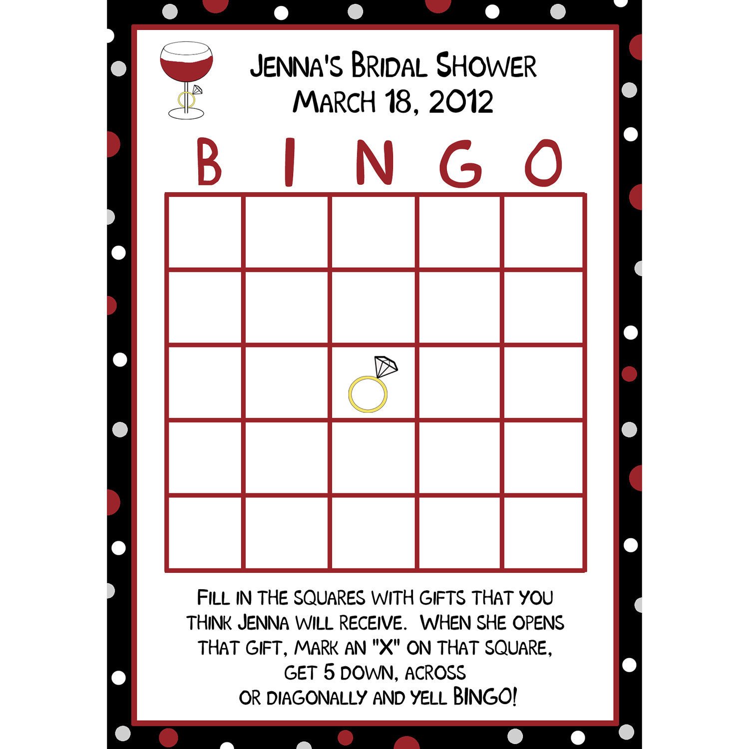 24 Personalized Bridal Shower Bingo Cards Wine and Ring