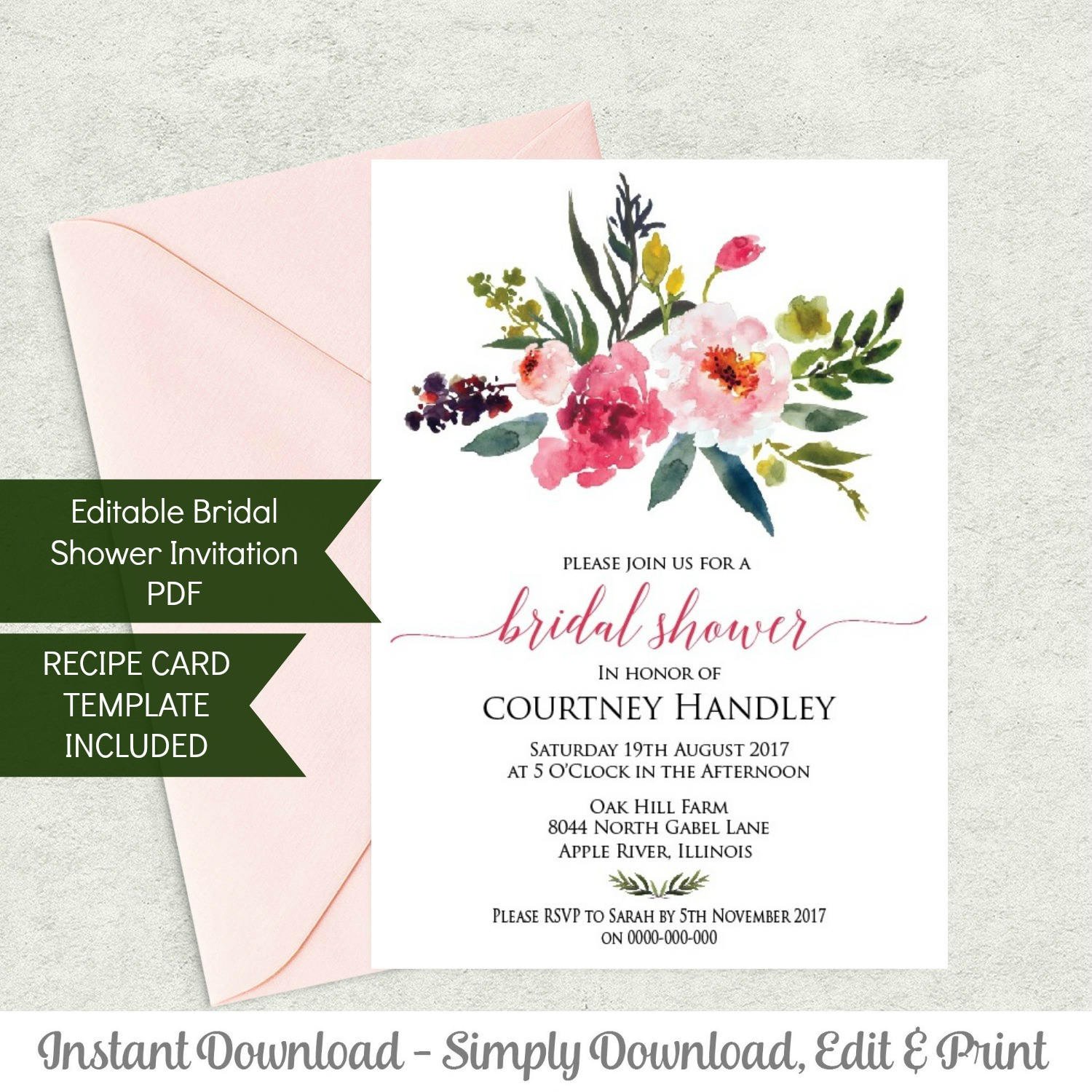 Printable Bridal Shower Invitation Template and Recipe Card