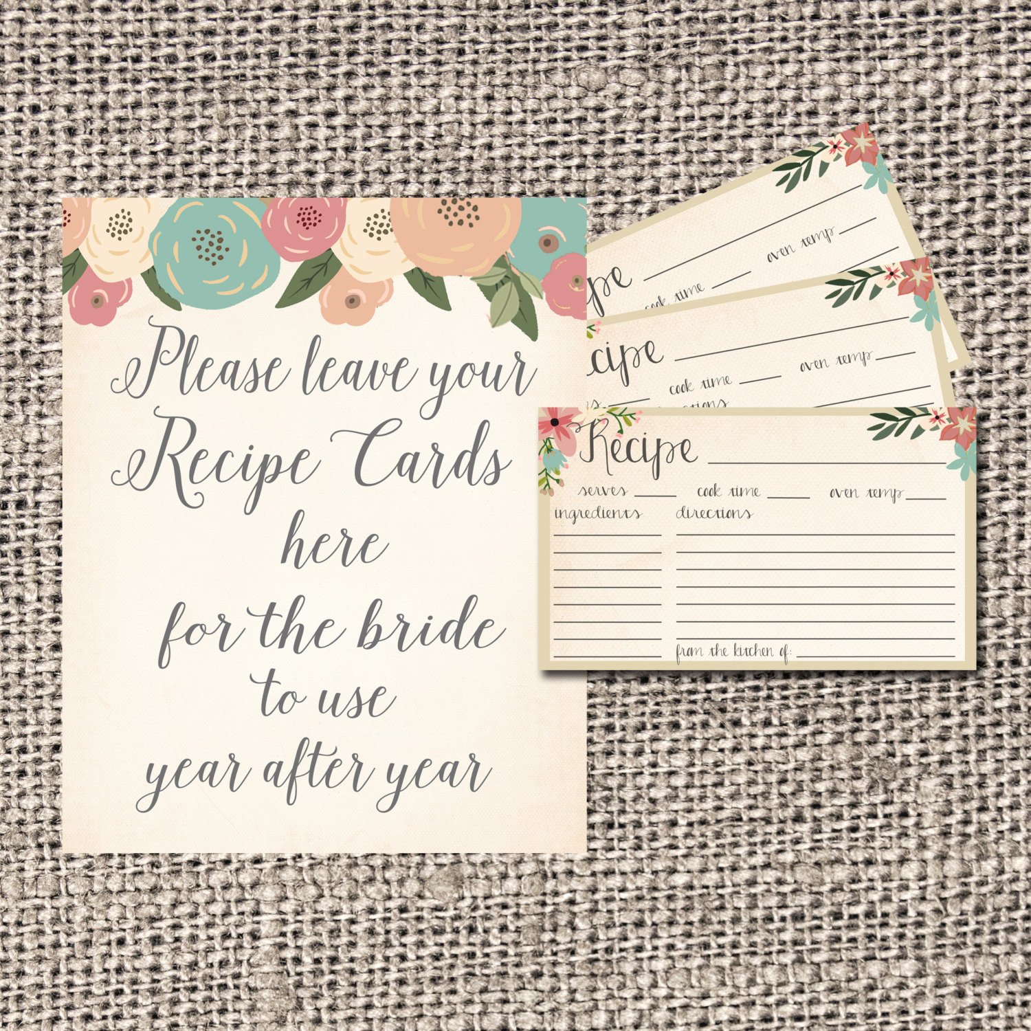 Recipe Card Bridal Shower Recipe Card Flowers by