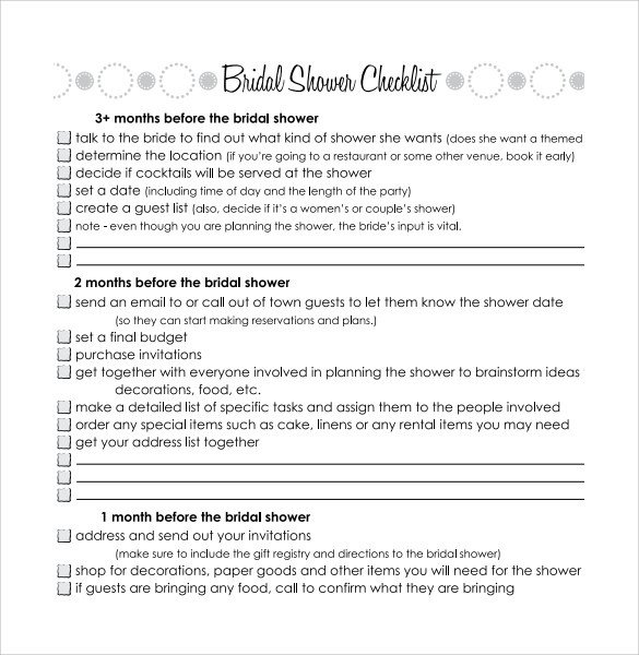 Sample Bridal Shower Checklist 9 Documents in PDF