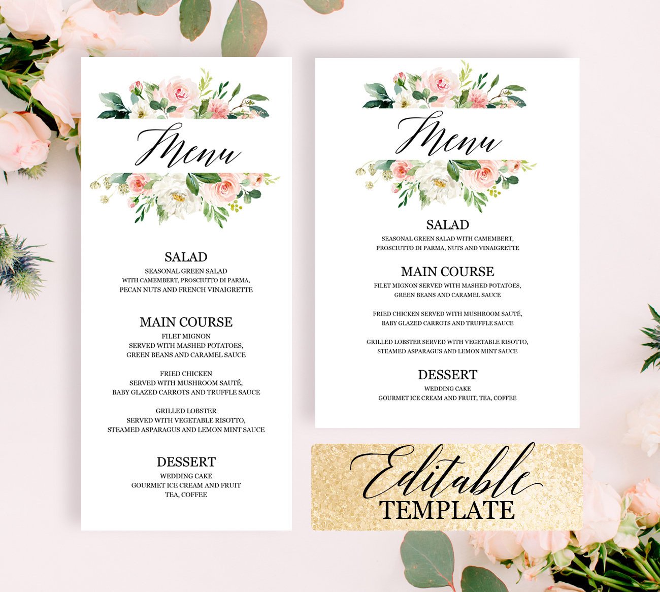 Bridal shower menu template editable printable Blush pink