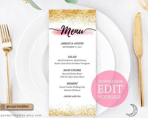 Editable Menu Template 4x9 printable menu card wedding