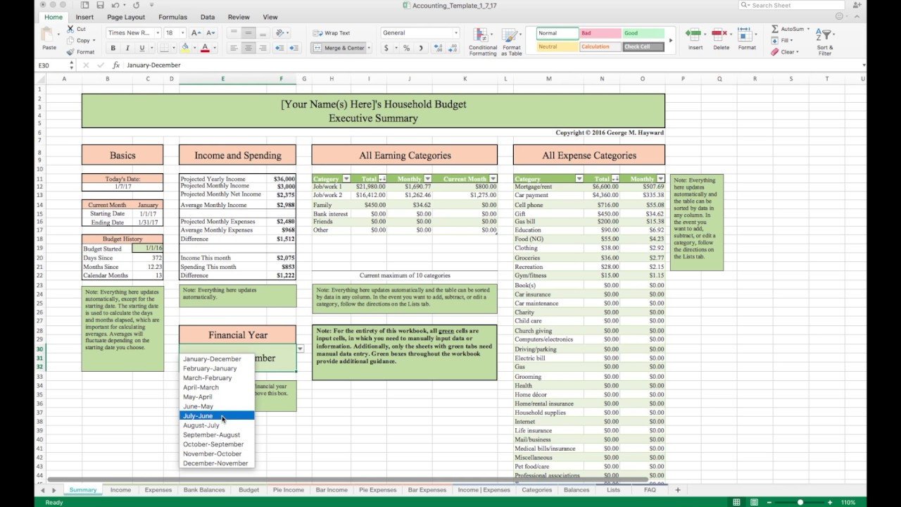 Household Bud Template and Tutorial Excel