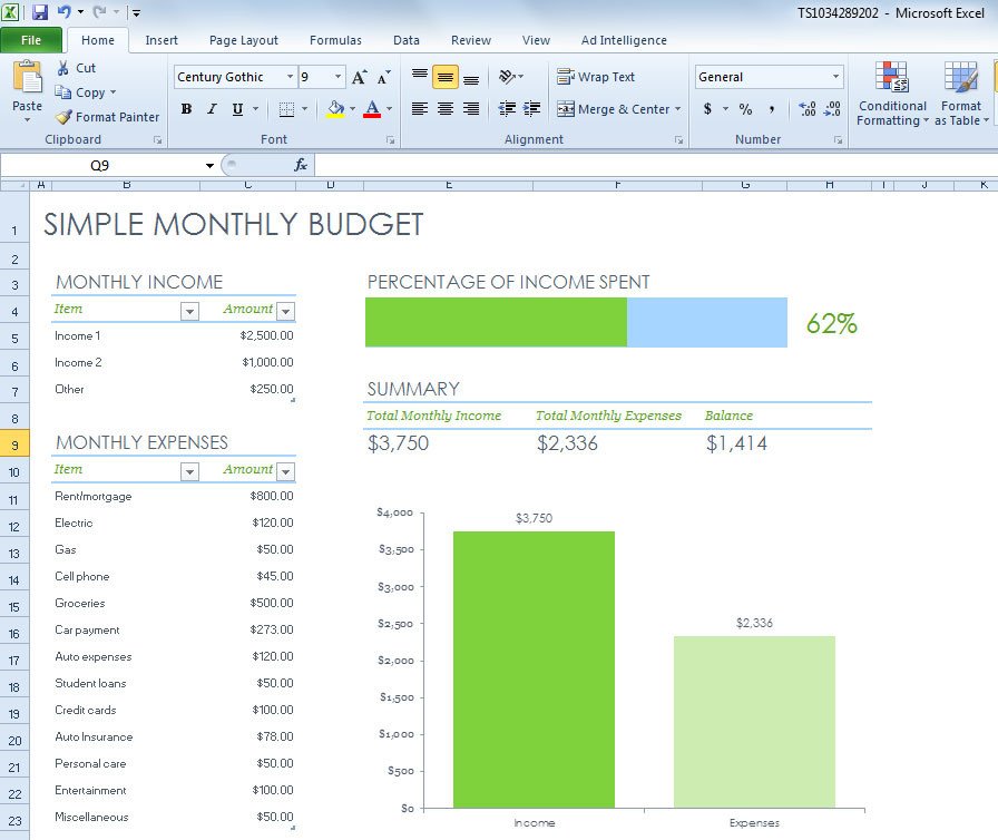 Simple Monthly Bud Spreadsheet for Excel 2013