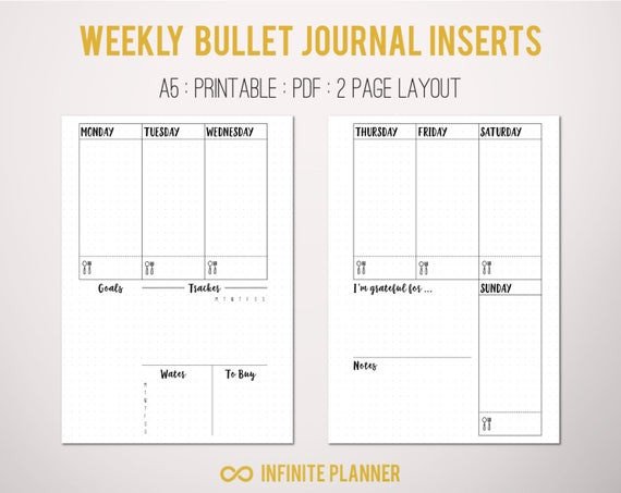 A5 Weekly Layout on 2 Pages Bullet Journal Printable