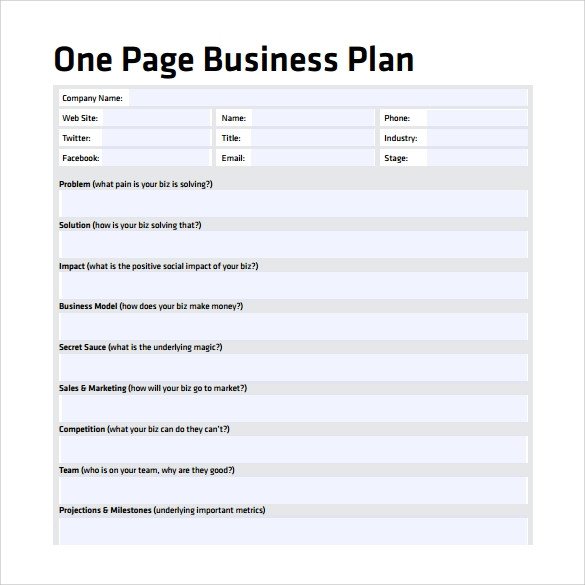 e Page Business Plan Sample 10 Documents in PDF Word