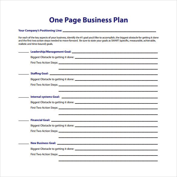 e Page Business Plan Template