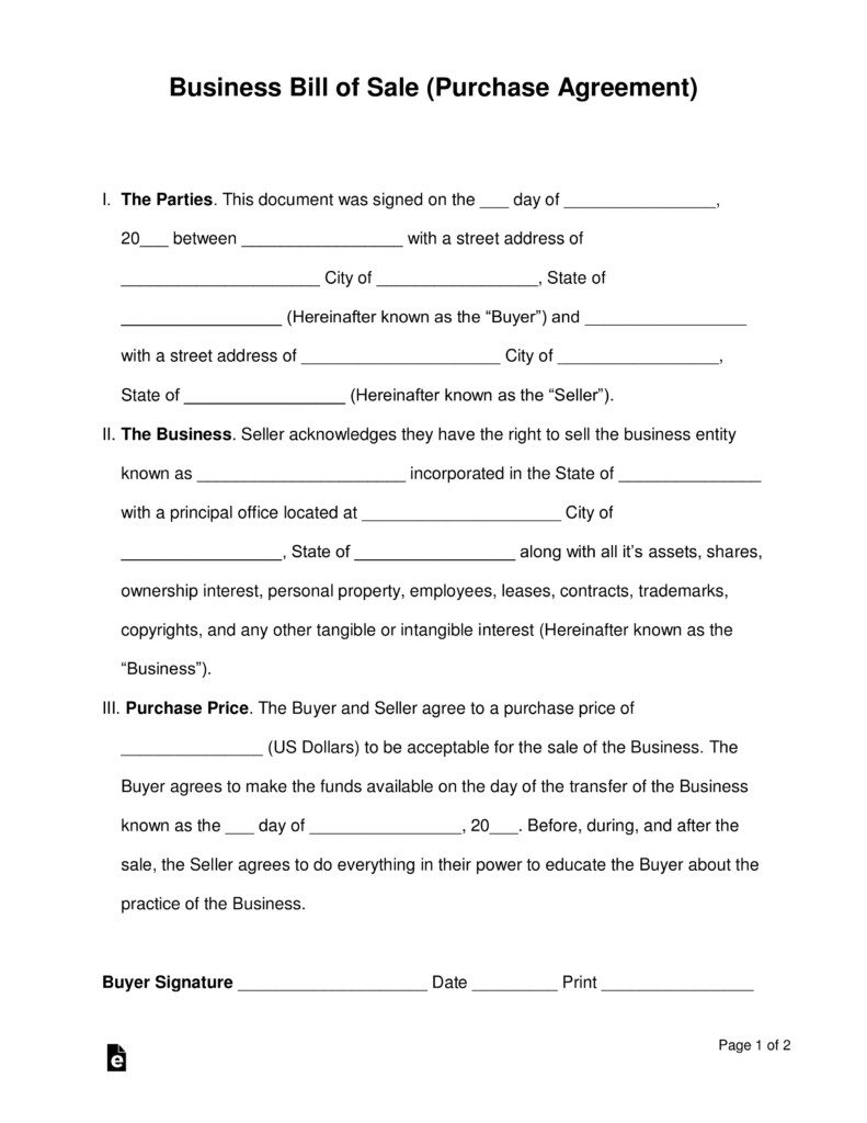 Free Business Bill of Sale Form Purchase Agreement
