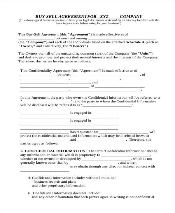8 Sample Buy Sell Agreement Forms Word PDF Pages