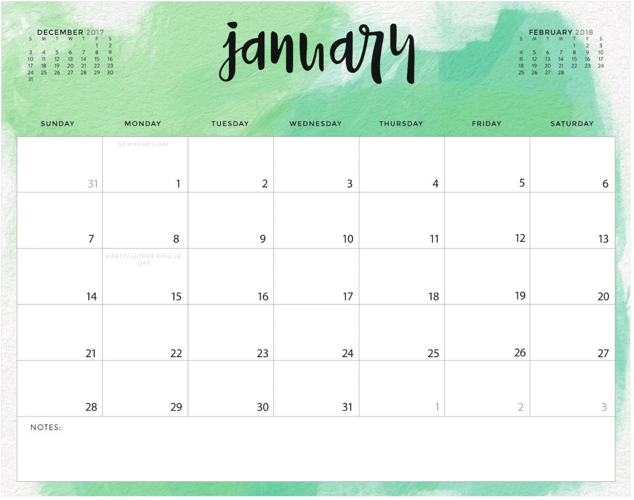 January 2018 Calendar Fillable Template